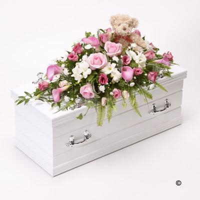 Childrens Casket Spray with Teddy Bear   Pink *